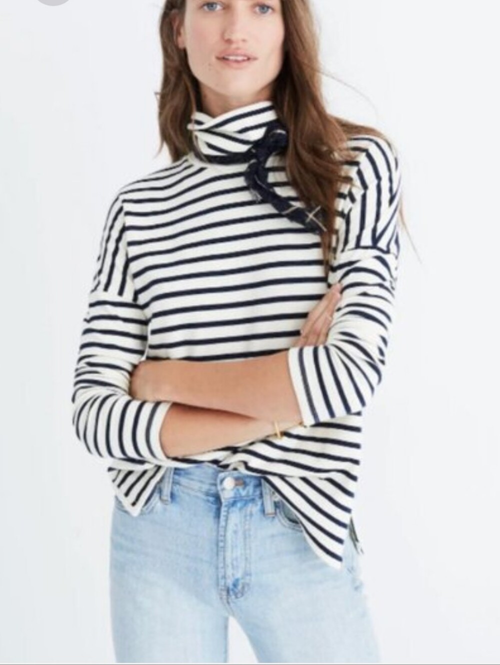 Madewell Wide Sleeve Stripe Block Turtleneck Sweater Blue Cream XXS Oversized